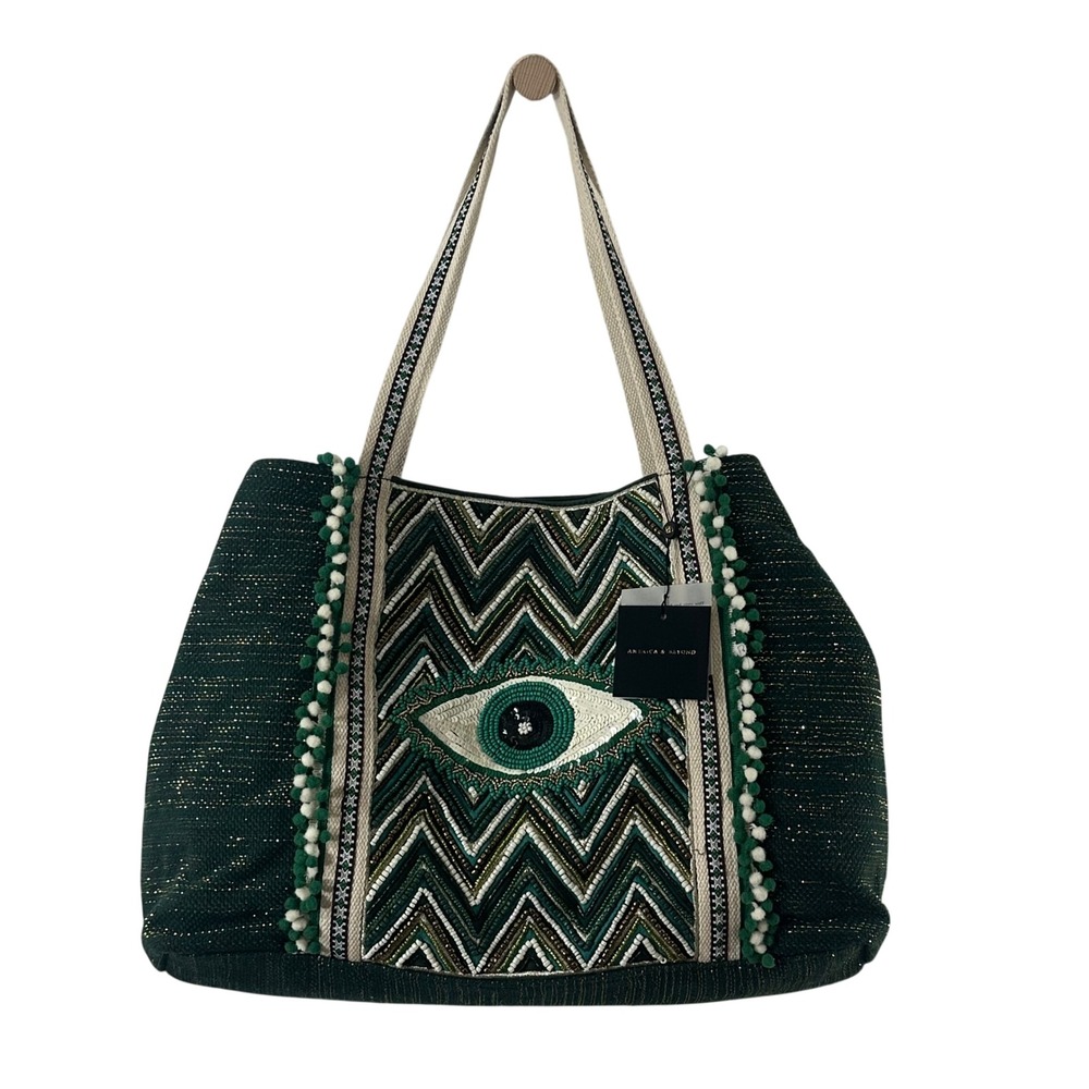 America & Beyond Green Beaded Evil Eye Tote Bag Gold Metallic Boho Pom Pom NEW